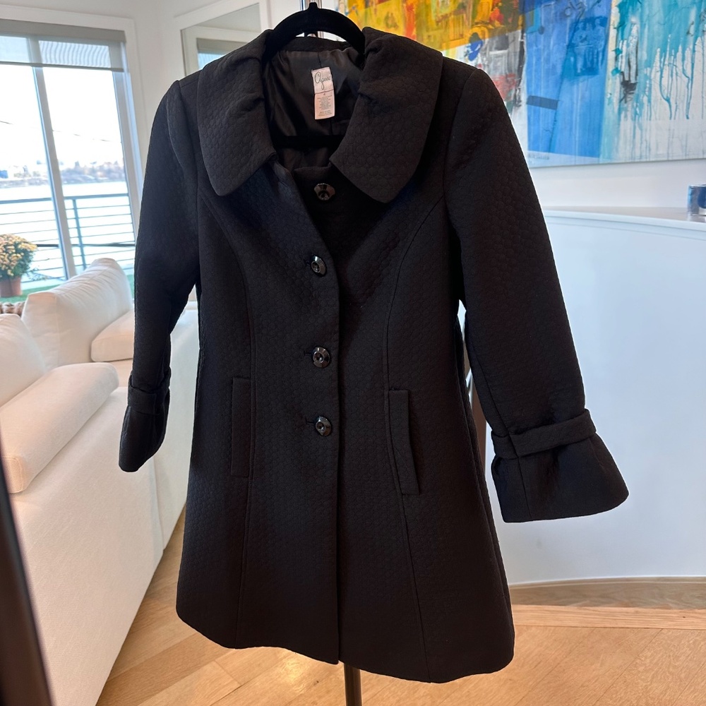 AQUA Black Textured A-Line Coat 3/4 Bell Sleeves Peter Pan Collar Sz 4